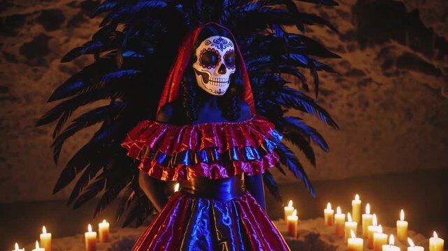 A woman in a red dress is standing in front of a row of candles
