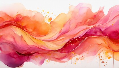 abstract watercolor wash in warm hues of pink and orange creating a soft flowing horizontal band with splatters