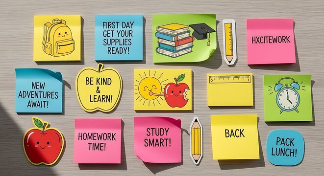 Colorful Back to School Post It Notes with School Supplies and Encouraging Messages Perfect for Education and Learning Concepts