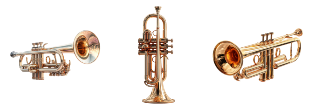 Isolated Collection of Three Brass Instruments on Transparent Background - Powered by Adobe