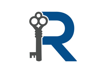 Old key house icon logo. Old key silhouette antique lock illustration on white background with latter R