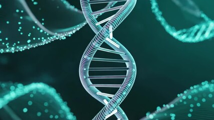 Dynamic 3D helix DNA strand glows with futuristic blue particle trails, symbolizing science, genetics, and medical innovation in a captivating visual sequence. - Powered by Adobe