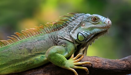 Obraz premium a green iguana is sitting on a branch the iguana is looking in the distance the background is blurred