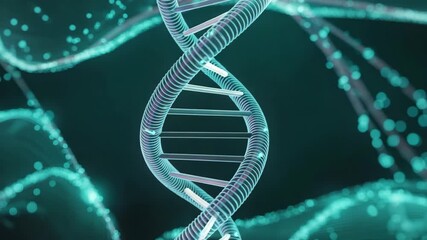 Dynamic glowing DNA helix molecule spinning in abstract futuristic science laboratory with bokeh effects, representing genetic research and biotechnology innovation - Powered by Adobe