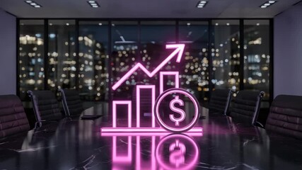 Dynamic neon graph with dollar symbol projects upward growth in a sleek, modern boardroom at night, symbolizing financial success and investment. - Powered by Adobe