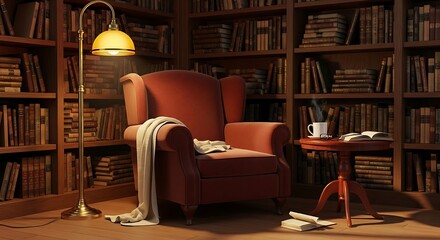 Cozy reading corner with vintage armchair bookshelf lamp coffee and book for relaxation and study inspiration in a library setting