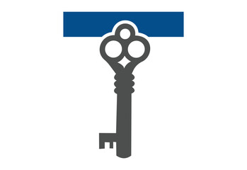 Old key house icon logo. Old key silhouette antique lock illustration on white background with latter T