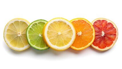 Assortment of colorful citrus fruit slices including lemon, lime, orange, and grapefruit isolated on white background
