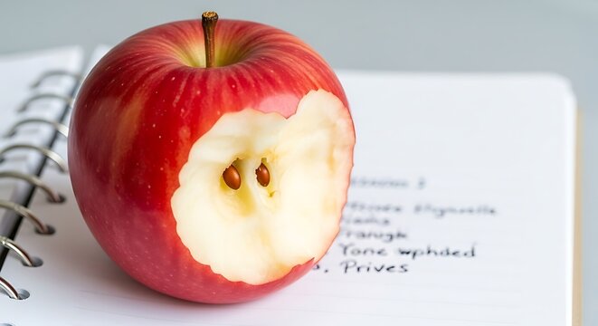 Delicious Red Apple with a Bite Taken Out Resting on a Notebook with Handwritten Notes Emphasizing Healthy Eating and a Studious Lifestyle