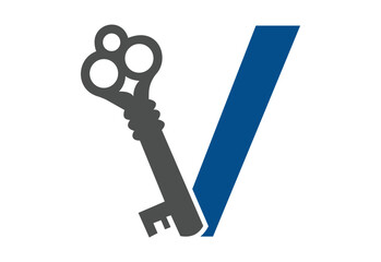 Old key house icon logo. Old key silhouette antique lock illustration on white background with latter V