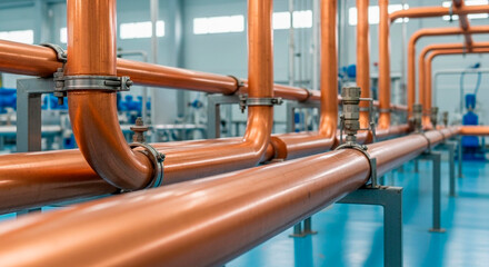 Metal pipes, tubes in heating system setup. Modern plumbing and heating infrastructure. Industrial central heating system pipes and pumps on boiler room. Building plumbing infrastructure