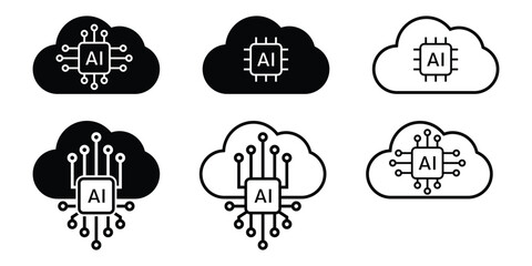 Cloud Computing AI Icons: Black and line art Variations,  Modern Technology Graphics, Digital Transformation Set.