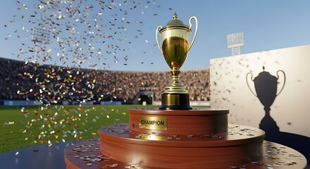 Golden championship trophy gleaming under confetti and stadium lights celebrating a victorious sports team achievement