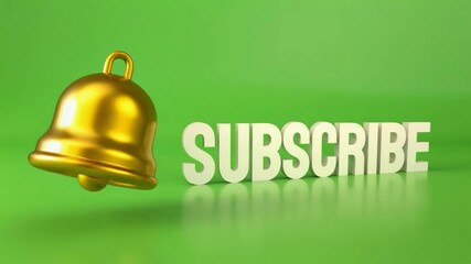 Golden bell animation with bold 3D text encouraging viewer engagement and channel growth, perfect for social media content creators seeking to boost their online presence and audience interaction.