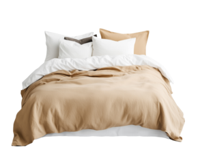 front view of a wooden couple's bed, in beige and pastel colors.