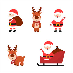 Christmas characters set. Santa and his deer cartoon vector set. Christmas santa and deer cartoon character vector set.