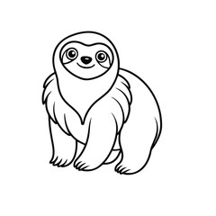 Playful Cartoon Vector Illustration of a Smiling Sloth in Black and White, Featuring a Round Fur-Covered Body, Large Eyes, and Relaxed Limbs in a Sitting Position. Designed in a Minimalist Style Ideal