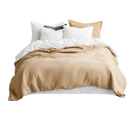 front view of a wooden couple's bed, in beige and pastel colors.