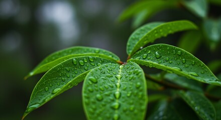 Fototapeta premium Close-up Macro Shot of Wet Green Leaves with Water Droplets, Nature Photography, Focus on Leaf Texture and Serene Green Background