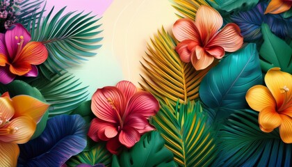 Naklejka premium colorful floral background with tropical leaves and flowers for vibrant designs