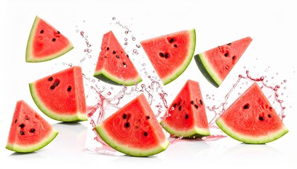 Multiple watermelon slices mid-air with vivid splashes of juice, vibrant red flesh and green rinds