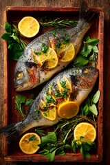 Two whole fish are beautifully grilled and served on a wooden tray, garnished with vibrant herbs and fresh lemon slices, perfect for a summer feast