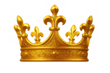Shiny golden royal crown with fleur-de-lis, isolated on transparent background, representing royalty, power, and authority