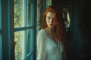 Obraz premium A stunning redhead in a white nightgown sits by an old window in a traditional French home evoking romance