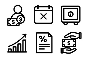 Minimal flat loan icon pack with safe, money exchange, contract percentage, graph coin, cash hand and deadline calendar for finance tools, UI and websites.