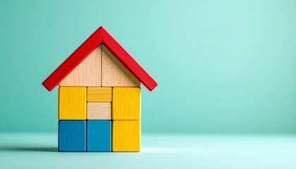 Colorful toy house made from interlocking building blocks—red triangular roof atop yellow walls, anchored by blue base bricks