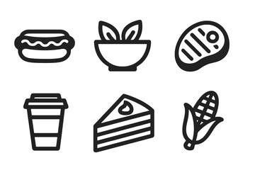 Minimal flat food icon set with salad bowl, coffee cup, hot dog, steak, corn cob and cake slice, ideal for websites, mobile apps and culinary presentations.
