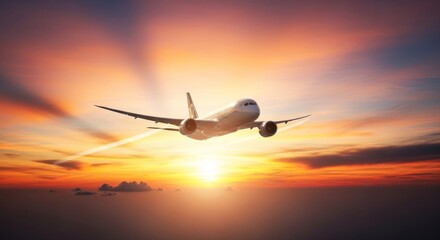 Fototapeta premium Airplane Flying Over Clouds During Vibrant Sunset Sky