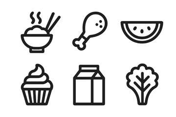 Black food vector icons with rice bowl, drumstick, watermelon slice, cupcake, milk carton and lettuce. Perfect for culinary apps, menus and grocery designs.