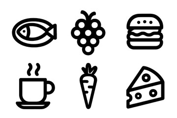 Black food vector icons featuring fish, grapes, burger, coffee, carrot and cheese slice. Perfect for restaurant menus, cooking apps and food-related dashboards.