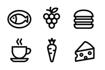 Minimal flat food icon pack with grapes, burger, carrot, fish plate, coffee cup and cheese slice. Ideal for websites, mobile apps and culinary presentations.