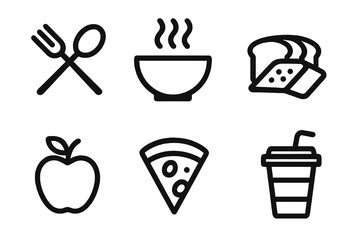 Minimal flat food icon pack with soup bowl, bread loaf, apple, pizza slice, fork spoon and straw cup for UI, mobile apps and culinary dashboards.