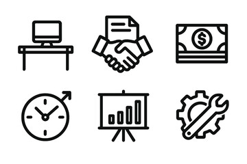 Minimalist flat corporate icons featuring desk setup, handshake, gear wrench, bar chart, clock and money pile for websites, UI and professional business tools.

