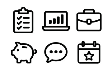 Minimal corporate icon pack with piggy bank, briefcase, speech bubble, calendar, checklist and bar chart on laptop. Ideal for UI, dashboards and presentations.

