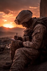 A soldier sits against a rocky surface, diligently writing notes as the sun sets over the mountains. The warm colors of the sky create a serene contrast with the soldier's discipline
