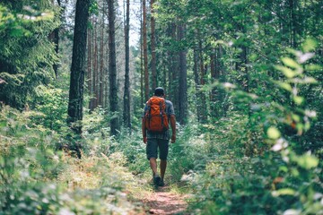 Obraz premium A man trekking along a woodland path in summer Active lifestyle