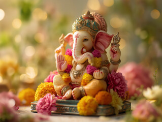 Fototapeta premium Ganpati Idol in a Flower-Filled Arrangement