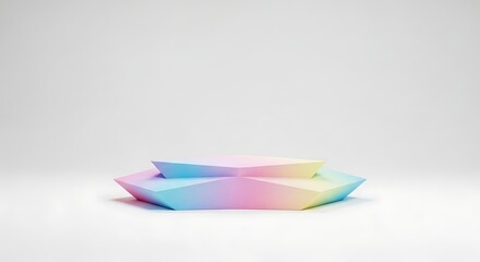 Abstract geometric podium with iridescent pastel colors on a clean white background for product display and presentation