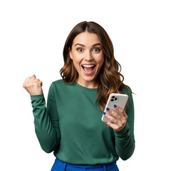 Cheerful woman portrait showing a victory gesture after winning online, an ecstatic moment with her mobile phone, Isolated on a Transparent Background PNG.
