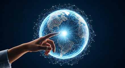 A hand points towards a digital representation of the world.