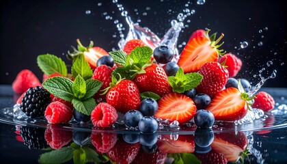 Fresh berries in water splashes