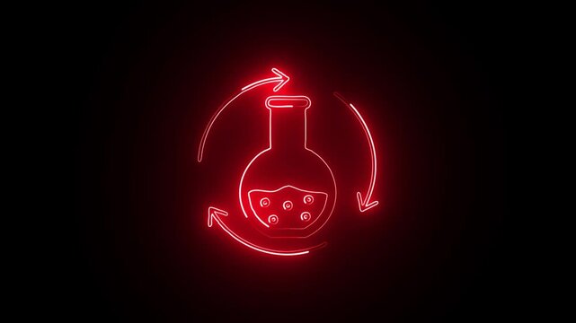 Red Neon Glowing Flask Icon on Dark Background. Futuristic red Neon Laboratory Flask Symbol. Radiant red Neon Chemical Experiment Flask.