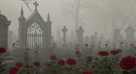 Foggy cemetery with roses