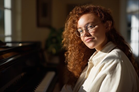 Young caucasian female with curly red hair and glasses sitting by piano in sunlit room - Powered by Adobe