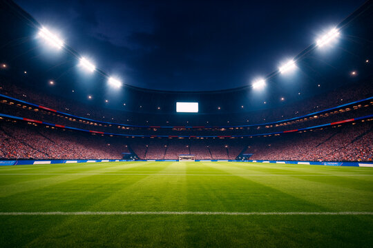 Illuminated football stadium at night with a full crowd