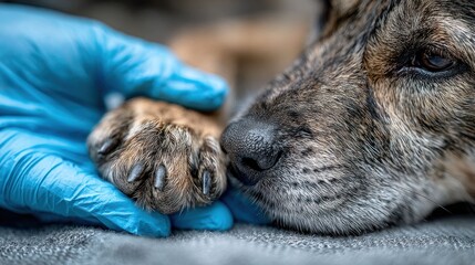 Obraz premium A hand in blue glove gently touches a dog's paw